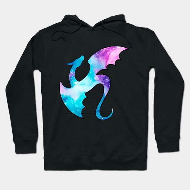 Flying Watercolor Galaxy Dragon Silhouette Hoodie by Lady Lilac